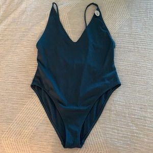 Blue ribbed one piece bathing suit
